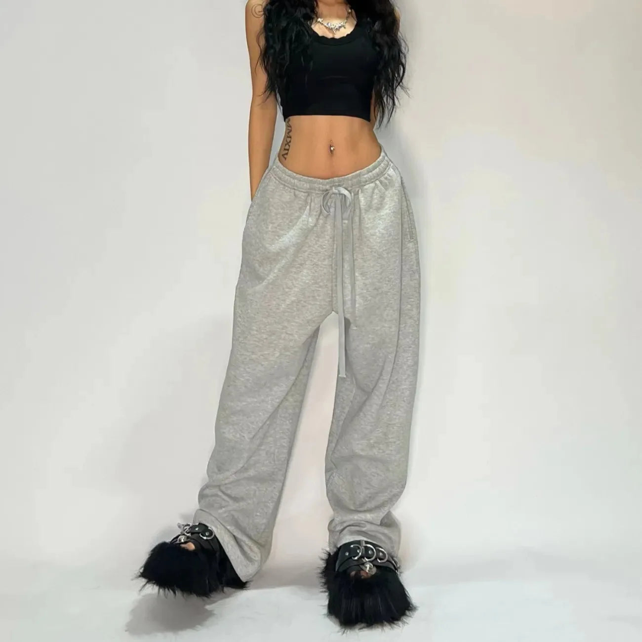 Y2K Gray Casual Pants Vintage Functional Tactical Men'S Women'S Premium Jogging Wide Leg Pants Drawstring Streetwear Sweatpants