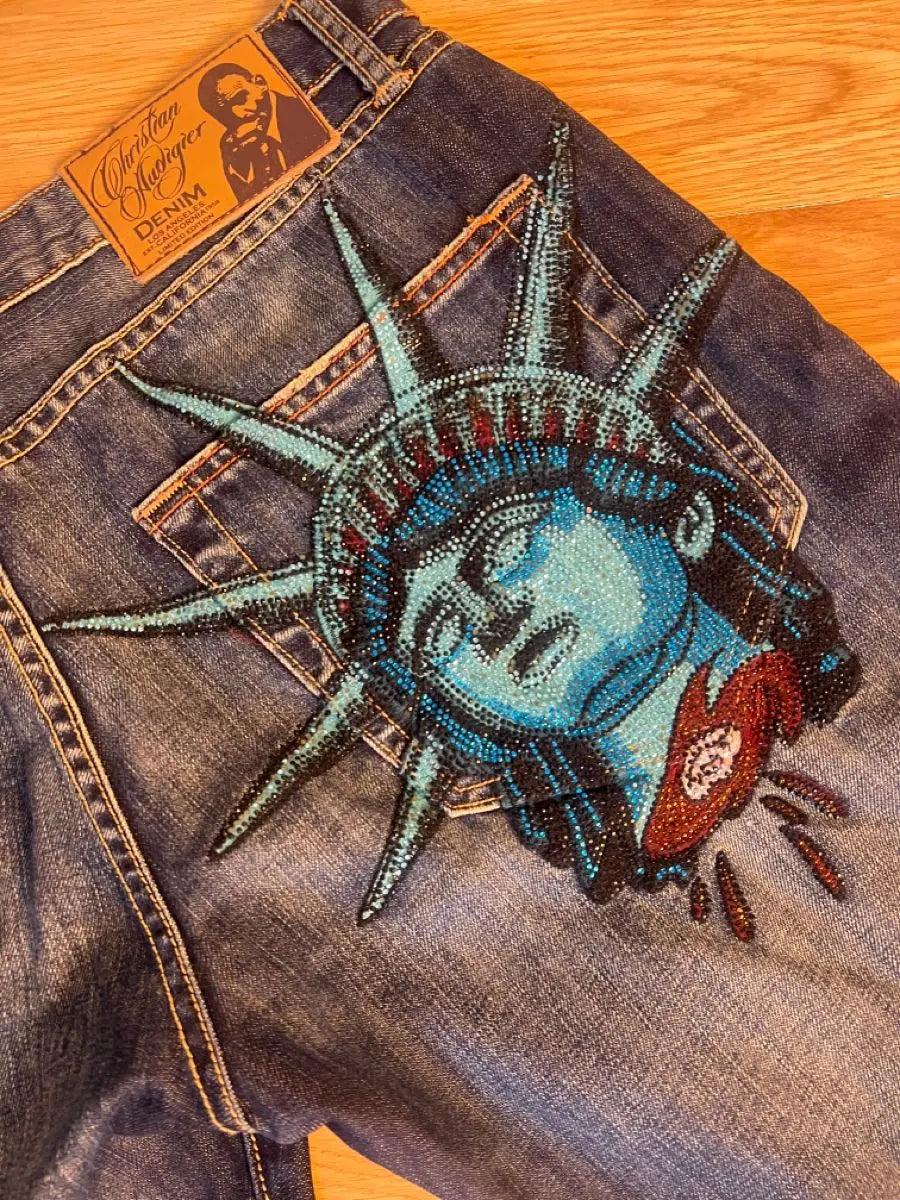 Y2K 2000S Statue of Liberty Diamonds Denim Pants Women Casual High Waist Straight Wide Leg Jeans Harajuku Vintage Women Clothing